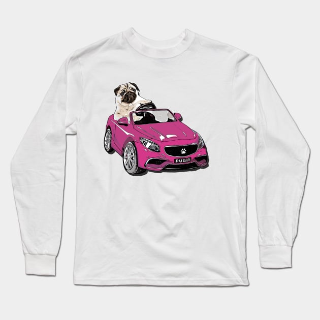 Pug Racer - Pug Driving Car Long Sleeve T-Shirt by CreativeFlares